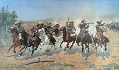 An oil painting of mounted riders galloping across open country